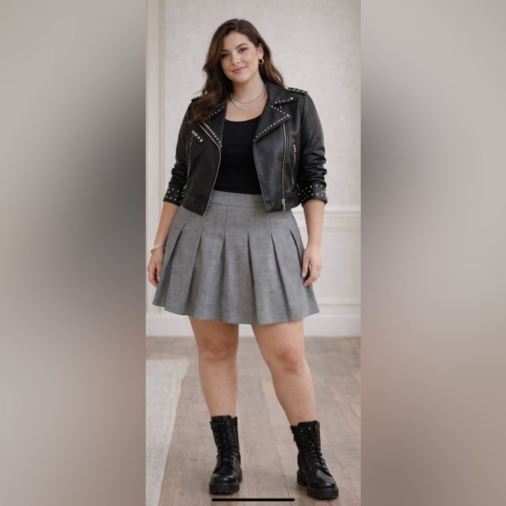 STORIA Micro Houndstooth Pleated Mini Skirt Large Black White Party